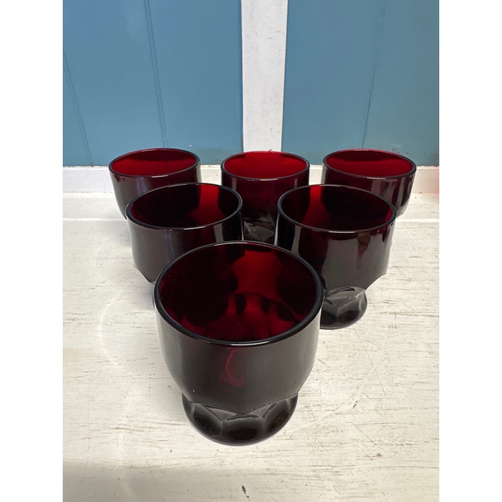 Vintage Ruby Red Glass Tumblers Set of 6 Thumbprint Base Juice 3" Glasses‎ MCM